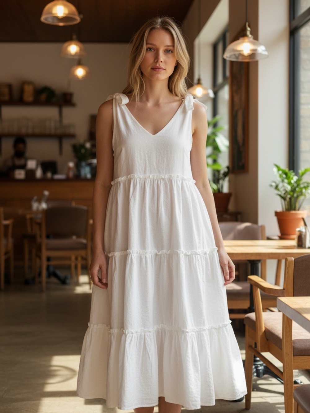 Label of Love White Bow Tie Tiered Ruffle Midi Dress M Boho Cottagecore Coastal